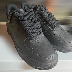 Custom Matte Black Nike Air Force 1 '07 With Fat Rope Laces - 10.5 Men’s.